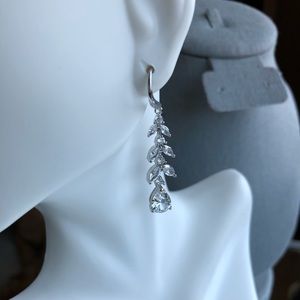 Cubic Zirconia Crystal Long Leaf Shaped Dangle Earrings